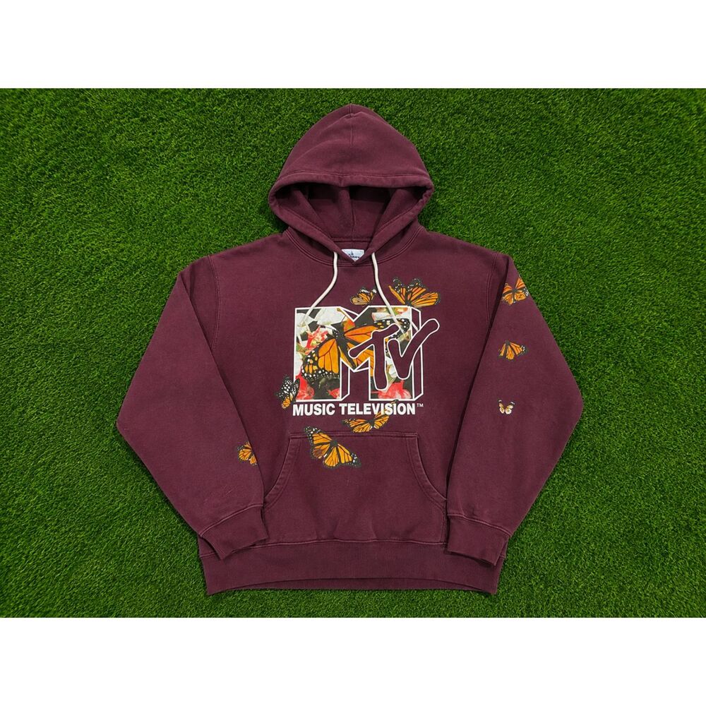 MTV Butterfly Hoodie Burgundy Graphic Sweatshirt Music Television Pullover